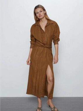 Zara Brown Wrap-Front Long Sleeve Midi Dress with Side Slit